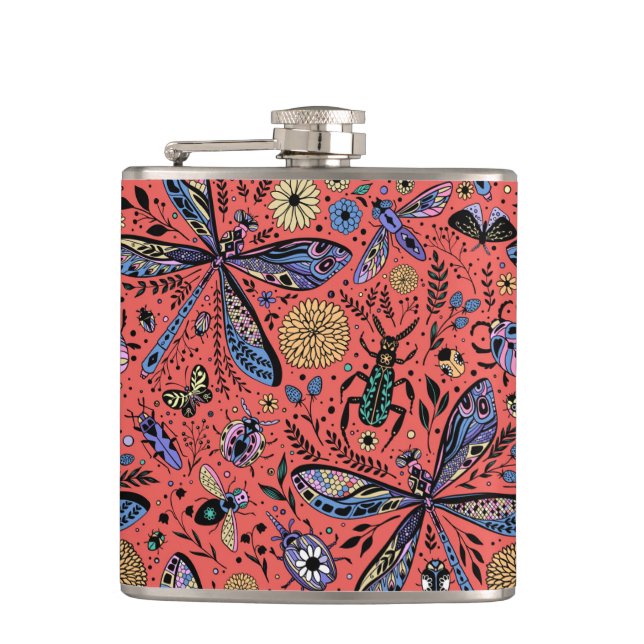 Doodle bugs on coral red hip flask (Front)