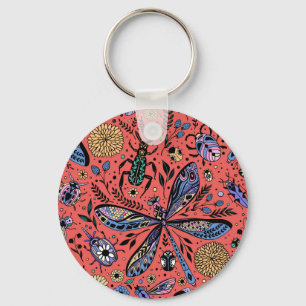Doodle bugs on coral red key ring
