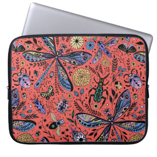 Doodle bugs on coral red laptop sleeve