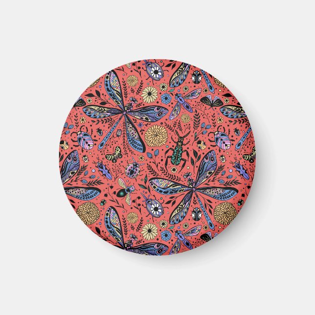 Doodle bugs on coral red magnet (Front)