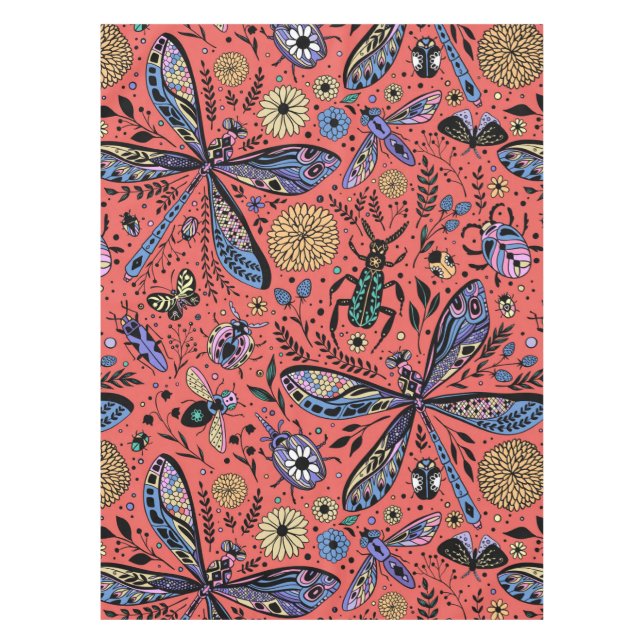 Doodle bugs on coral red tablecloth (Front)