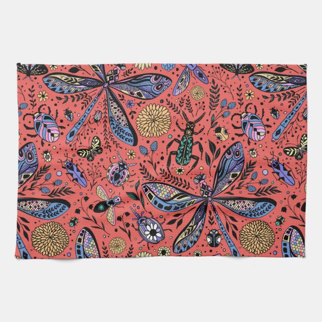 Doodle bugs on coral red tea towel (Horizontal)