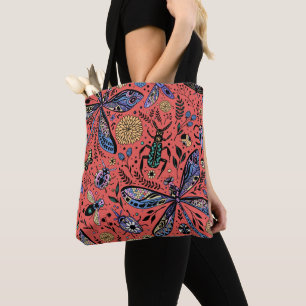 Doodle bugs on coral red tote bag