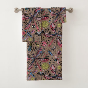 Doodle bugs on mocha brown bath towel set