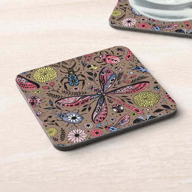 Doodle bugs on mocha brown coaster (Left Side)