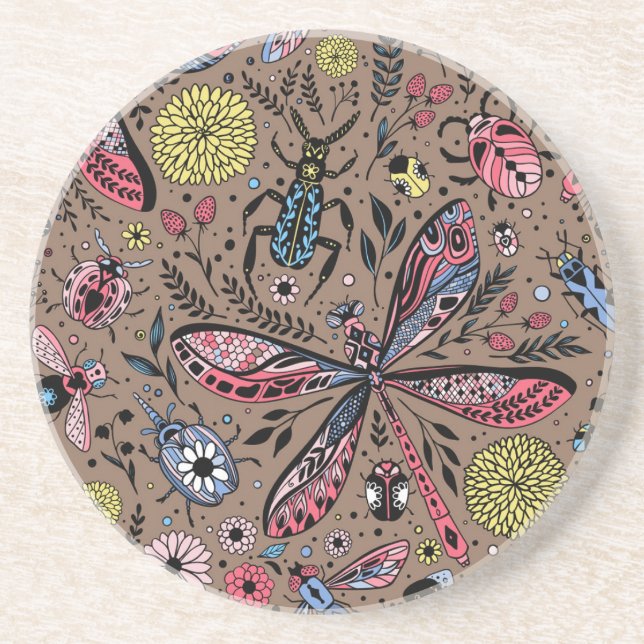 Doodle bugs on mocha brown coaster (Front)