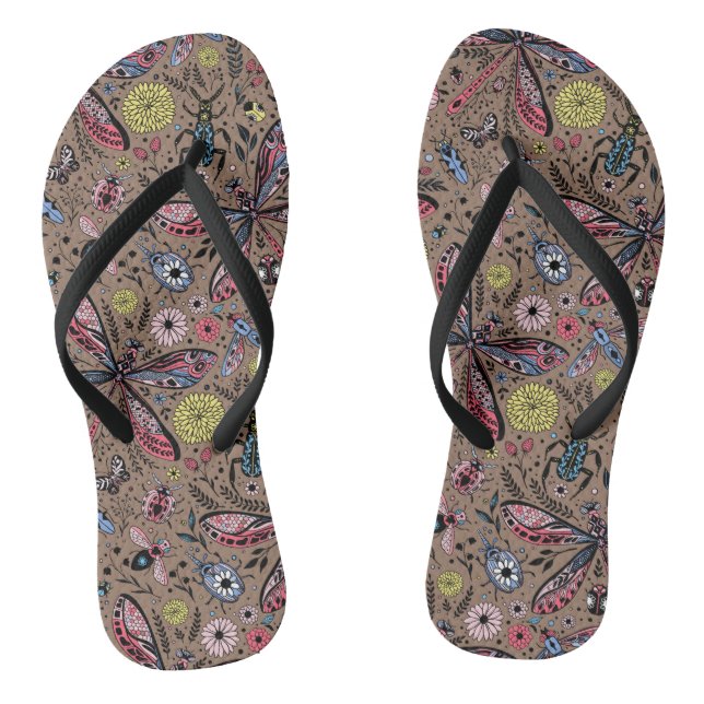 Doodle bugs on mocha brown flip flops (Footbed)