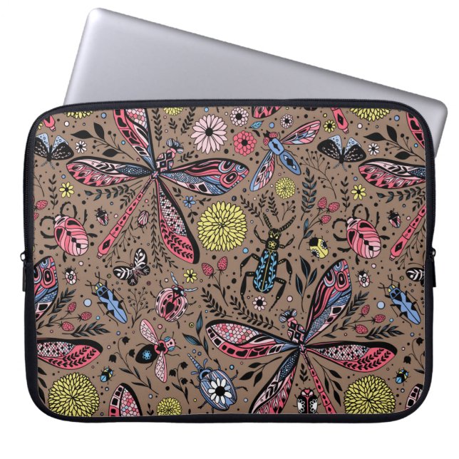 Doodle bugs on mocha brown laptop sleeve (Front)