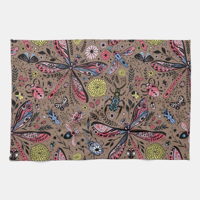 Doodle bugs on mocha brown tea towel (Horizontal)