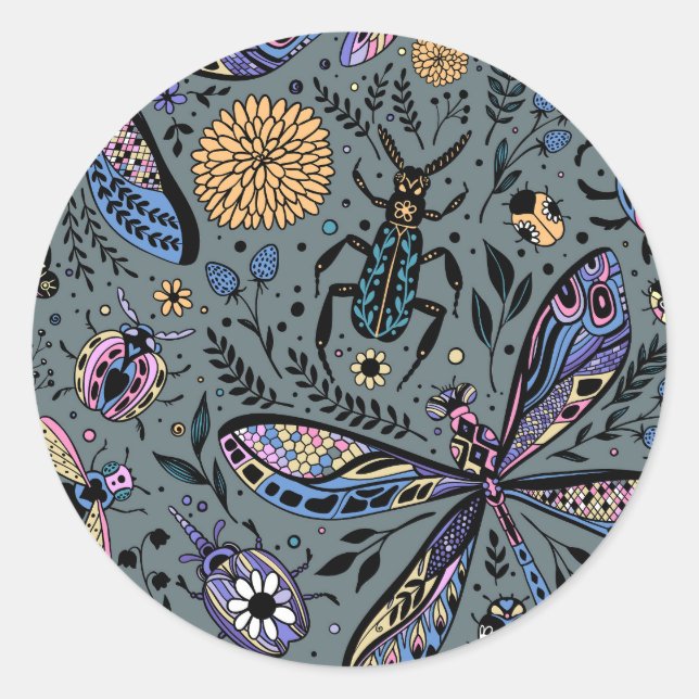 Doodle bugs on slater grey classic round sticker (Front)