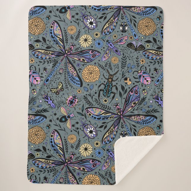 Doodle bugs on slater grey sherpa blanket (Front)