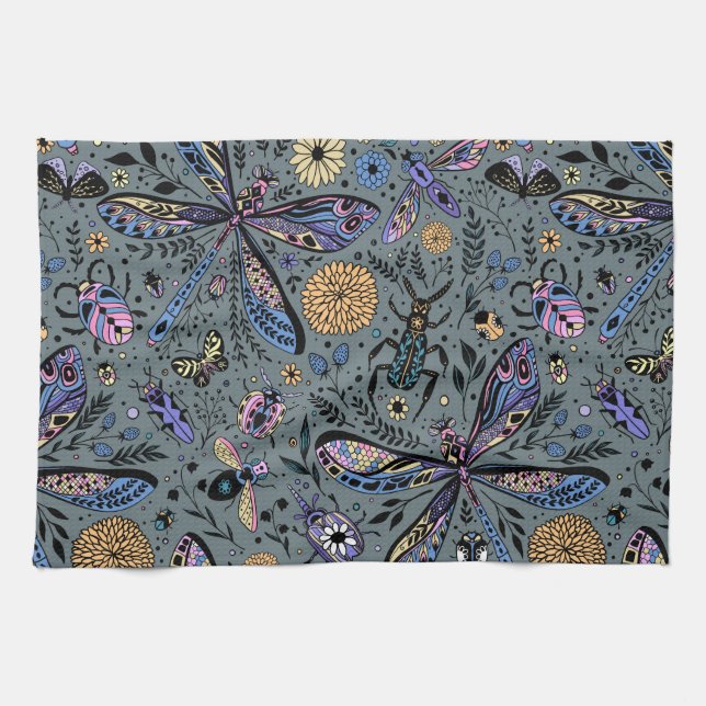 Doodle bugs on slater grey tea towel (Horizontal)