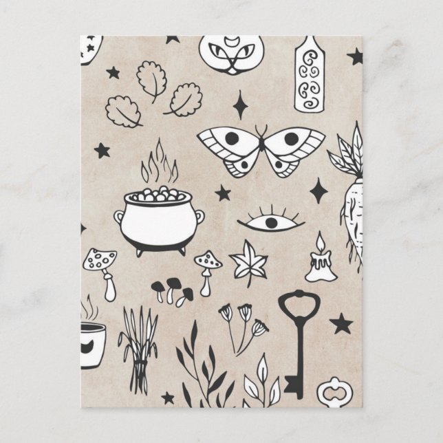 Doodle butterfly cat bottle leaves cauldron keys postcard (Front)