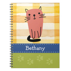 Doodle Cat, Yellow Check, Paw Prints, Custom Notebook