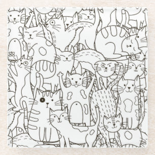 Doodle cats: black and white. glass coaster
