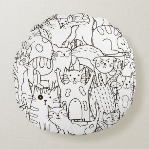 Doodle cats: black and white. round cushion