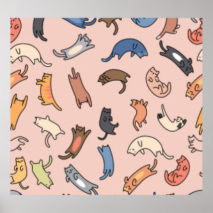 Doodle Cats Vintage Seamless Illustration Poster