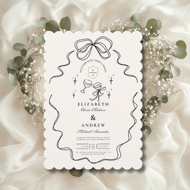 Doodle Champagne Whimsical Bow Wedding Invitation (Creator Uploaded)