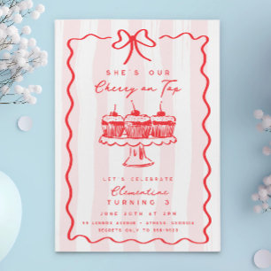 Doodle Cherry Cupcake Pink Bow Birthday Party Invitation