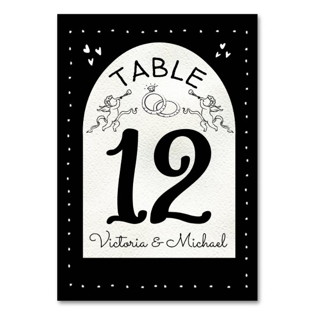 Doodle Cherub funky Wedding table number cards (Front)
