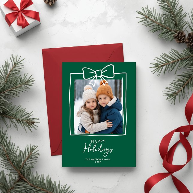 Doodle Christmas 4 Photo Hand-Drawn Bow Ribbon  Holiday Card (Doodle Christmas 4 Photo Hand-Drawn Bow Ribbon Holiday Card)