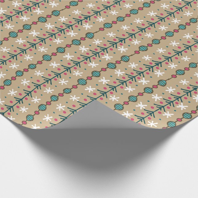 Doodle Christmas Garlands - Teal and Pink on Sand Wrapping Paper (Corner)