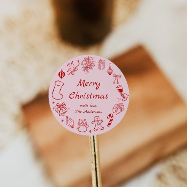 Doodle Christmas Sticker Pink Hand Drawn Label (Creator Uploaded)
