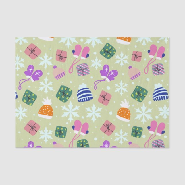 Doodle Christmas Winter Gloves Gifts Hats Green Tissue Paper (Front)