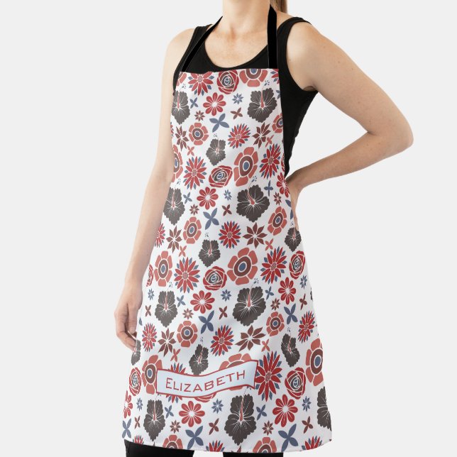 Doodle colourful floral pattern personalised name  apron (Insitu)