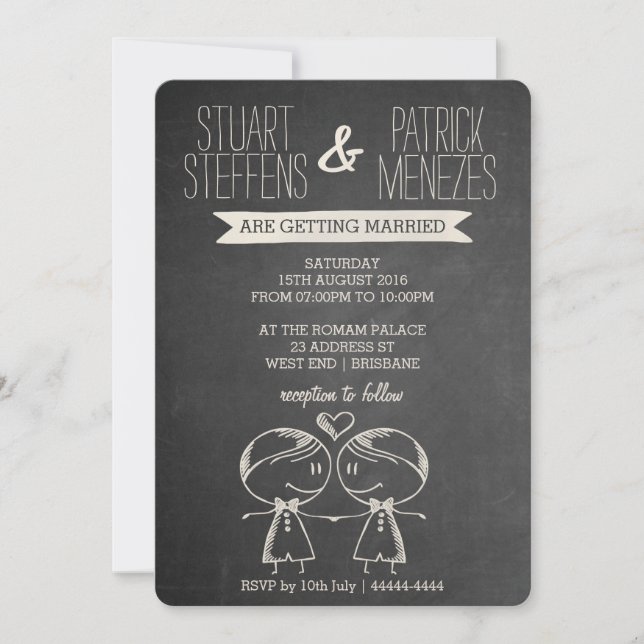Doodle Couple on Blackboard Gay Wedding Invitation (Front)