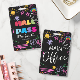 Doodle Custom School Hall Pass rainbow Lanyard  ID Badge