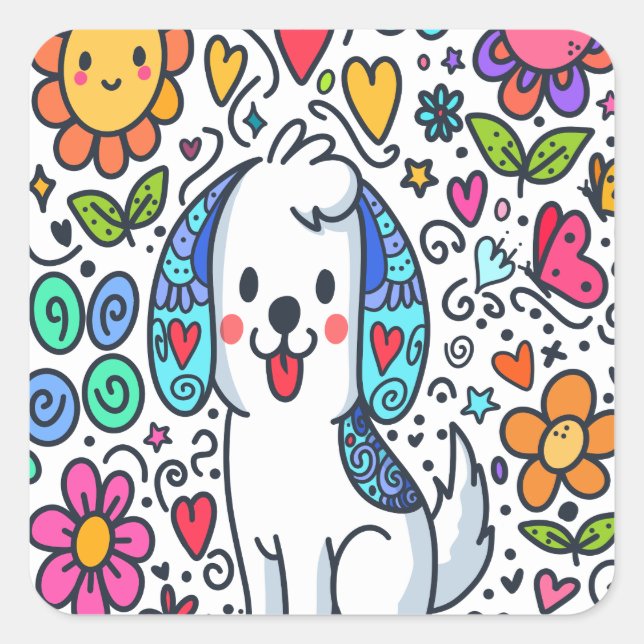 Doodle Dog, Flowers, Hearts And Butterflies Square Sticker (Front)