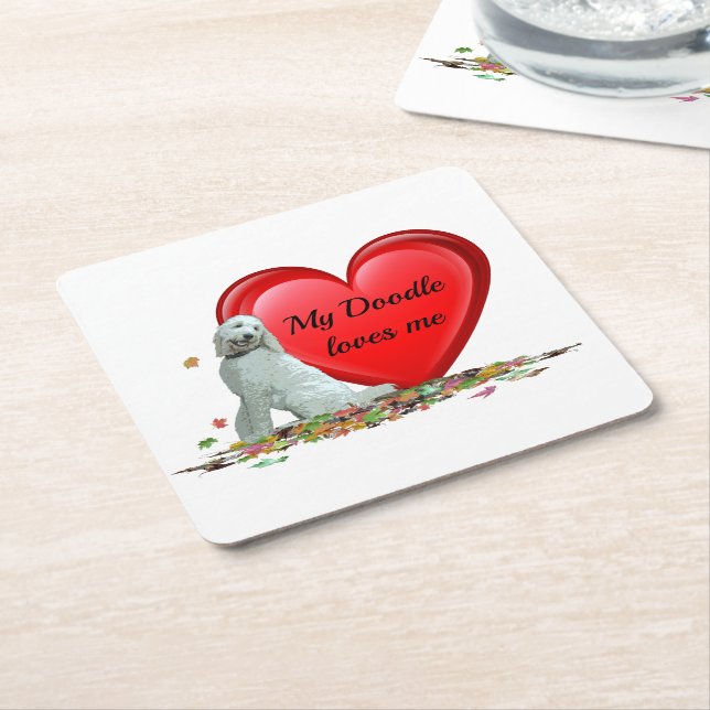 Doodle Dog In Leaves Heart Paper Coaster (Angled)