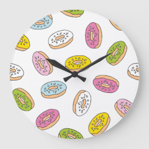 Doodle doughnuts pattern, seamless design. large clock