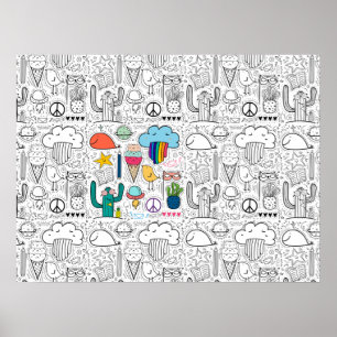 Doodle Drawings for Colouring, Cats, Clouds, Cactu Poster