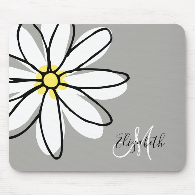 Doodle Drawn Daisy White Monogram Cute Mouse Mat (Front)