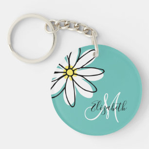 Doodle Drawn Daisy White Pink Monogram Cute Key Ring