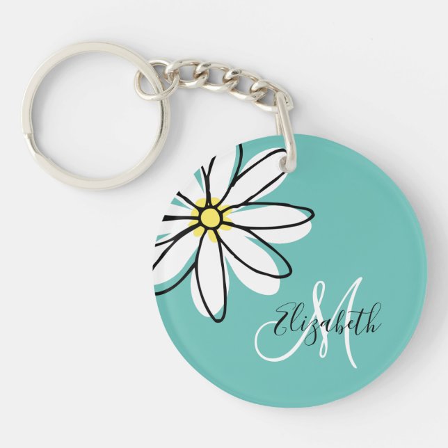 Doodle Drawn Daisy White Pink Monogram Cute Key Ring (Front)