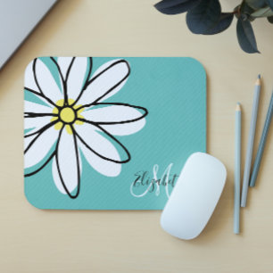 Doodle Drawn Daisy White Pink Monogram Cute Mouse Mat