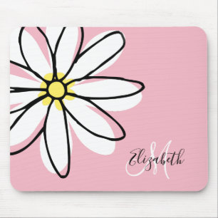 Doodle Drawn Daisy White Pink Monogram Cute Mouse Mat