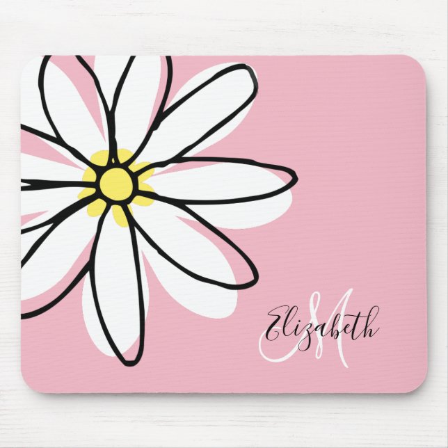 Doodle Drawn Daisy White Pink Monogram Cute Mouse Mat (Front)