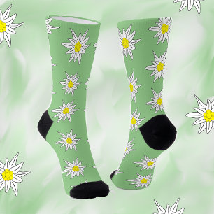 Doodle Edelweiss Pattern Light Green Crew Socks