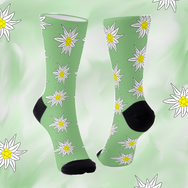 Doodle Edelweiss Pattern Light Green Crew Socks (Creator Uploaded)