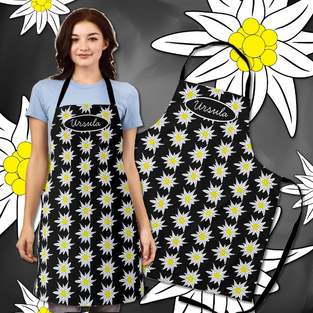 Doodle edelweiss print black apron (Creator Uploaded)
