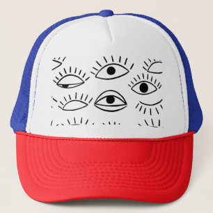 Doodle eye, creative seamless pattern. trucker hat
