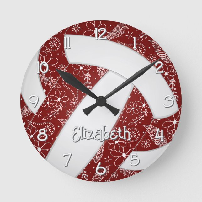doodle feathers paisleys maroon boho volleyball round clock (Front)