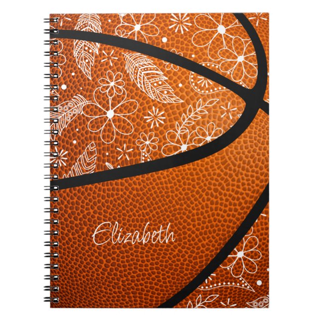 doodle feathers paislies flowers boho basketball notebook (Front)