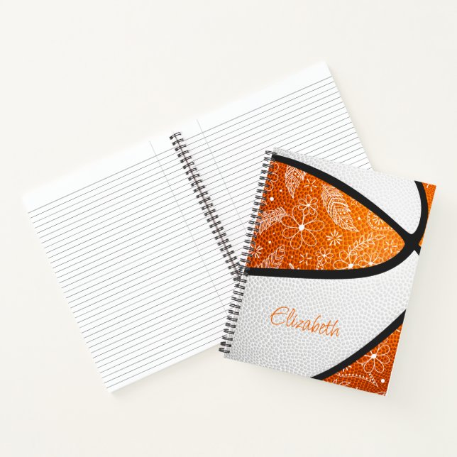 doodle floral boho orange white basketball notebook (Inside)