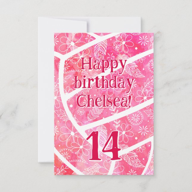 Doodle floral paisleys pink volleyball birthday card (Front)