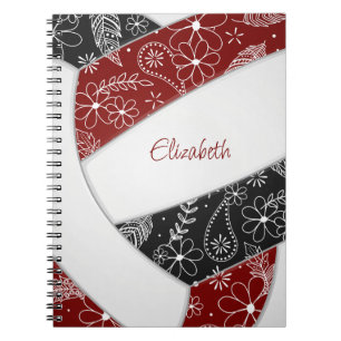 doodle floral pattern maroon black boho volleyball notebook